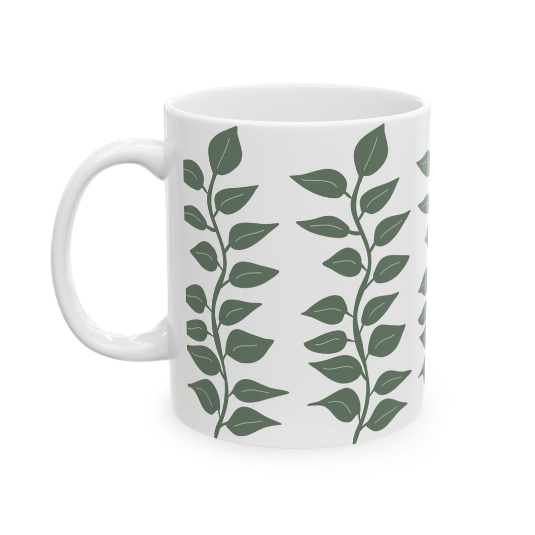 Leaf Pattern Ceramic Mug — Green Vine Botanical Coffee Cup (11oz & 15oz)