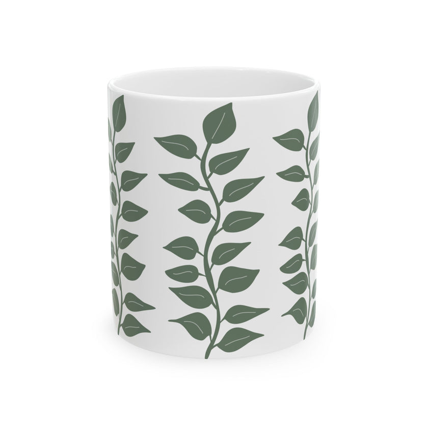 Leaf Pattern Ceramic Mug — Green Vine Botanical Coffee Cup (11oz & 15oz)