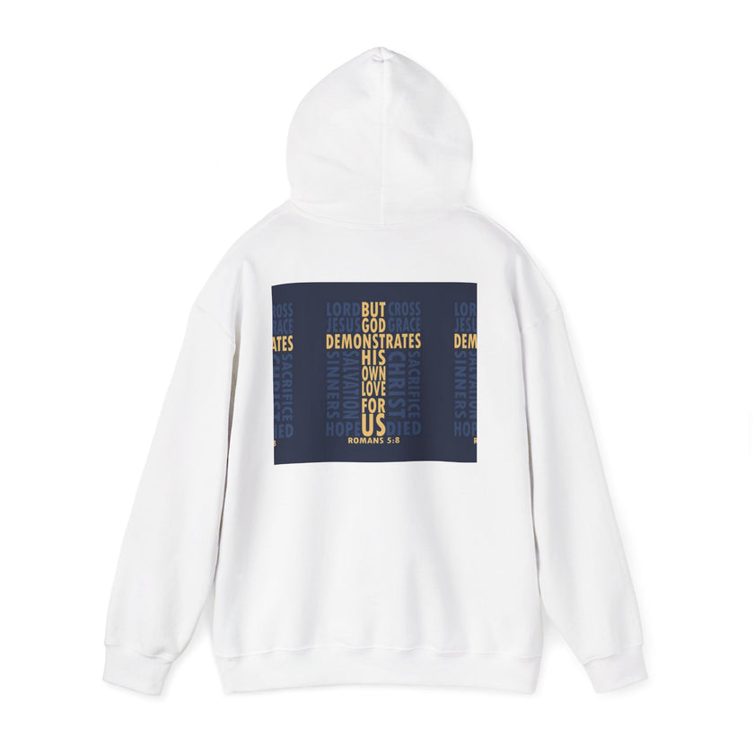 Hoodie — "God Demonstrates His Love For Us" Bible Verse Hoodie with Minimal Leaf Design