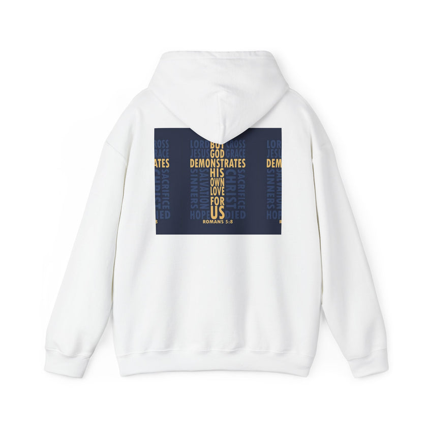 Hoodie — "God Demonstrates His Love For Us" Bible Verse Hoodie with Minimal Leaf Design